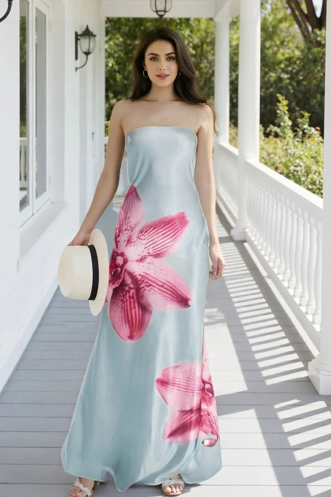 Sleeveless Off-Shoulder Flower Print Maxi Dress