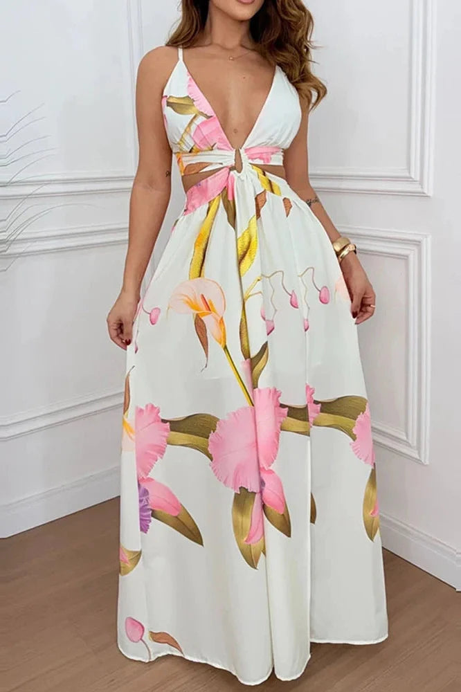 Hollow Out V-Neck Sleeveless Backless Pleated Printed Maxi Dress