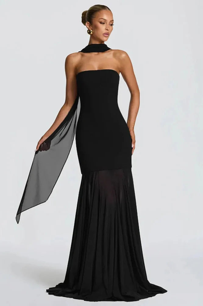Off-Shoulder Strapless Scarf Collar Sleeveless Backless Bodycon Maxi Dress