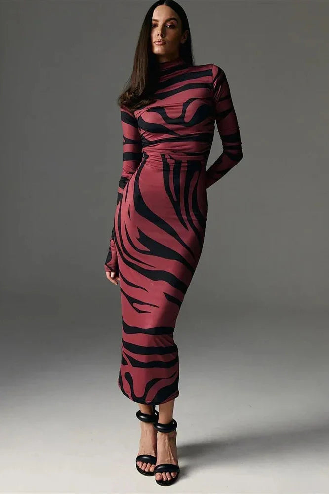 Printed Long Sleeve High Waist Maxi Dress