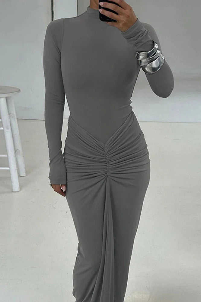 Pleated Patchwork High Waist Long Sleeve Slim Maxi Dress