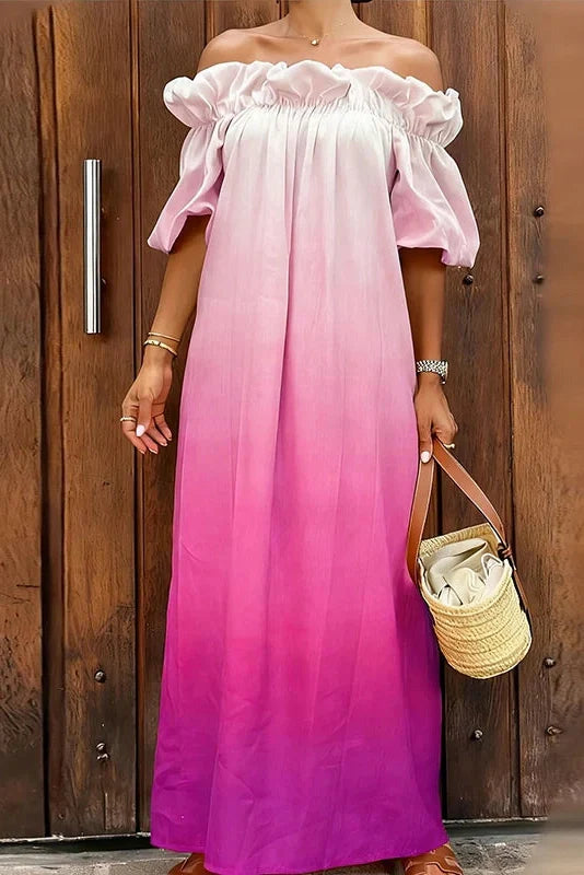 Off-Shoulder Pleated Loose Slash Collar Printed Maxi Dress