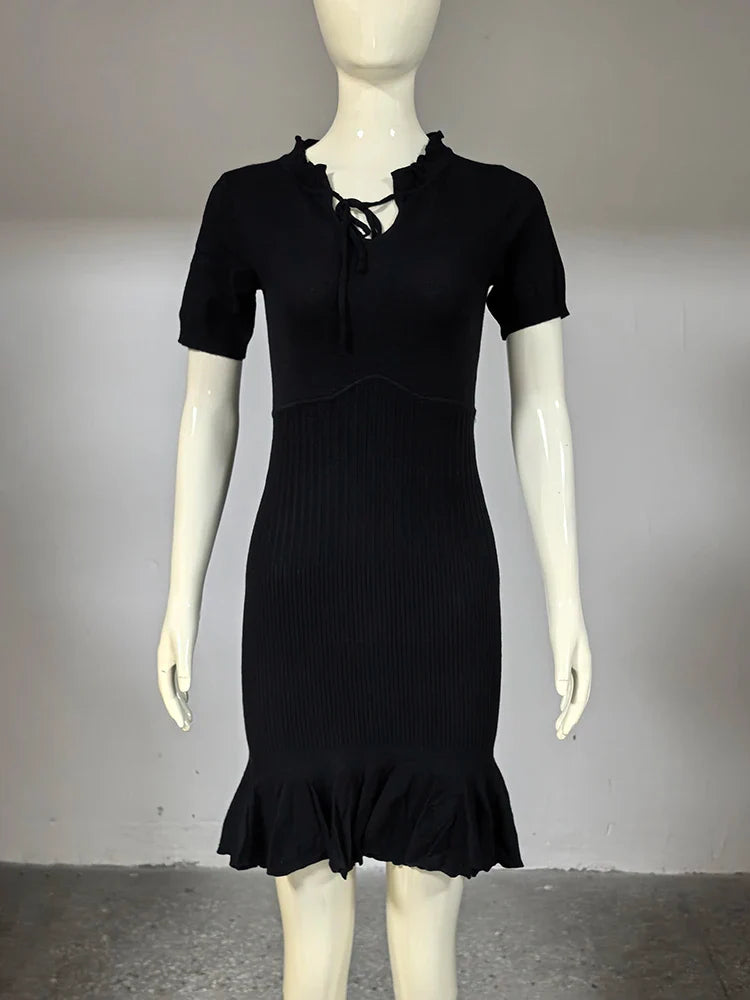 Hollow Knitting Lace Up Short Sleeve Mini Dress