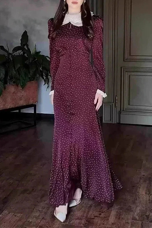 Elegant Long Sleeve Slim Lace Up High Waist Pleat Printed Maxi Dress