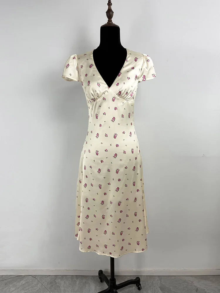 Printed Short Sleeve V Neck High Waist Midi Dress