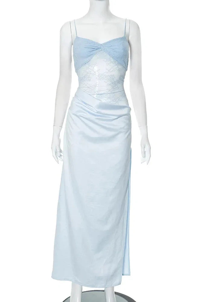 Lace Spaghetti Strap Backless High Slit Sleeveless Maxi Dress