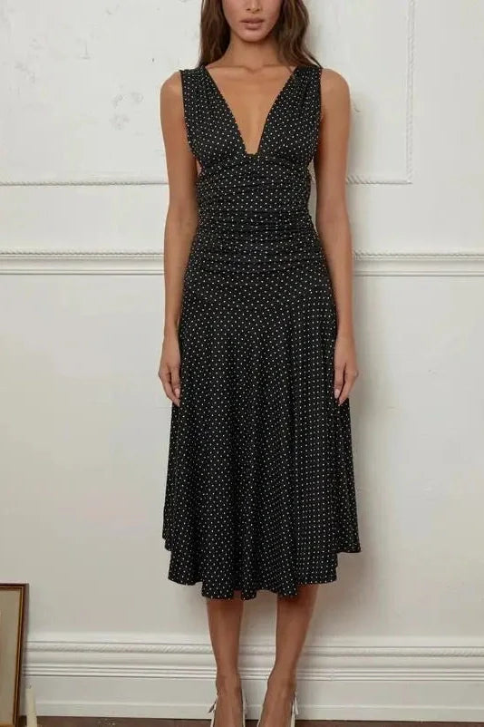 Printed Pleated Waist A-Line Sleeveless V-Neck Midi Dress