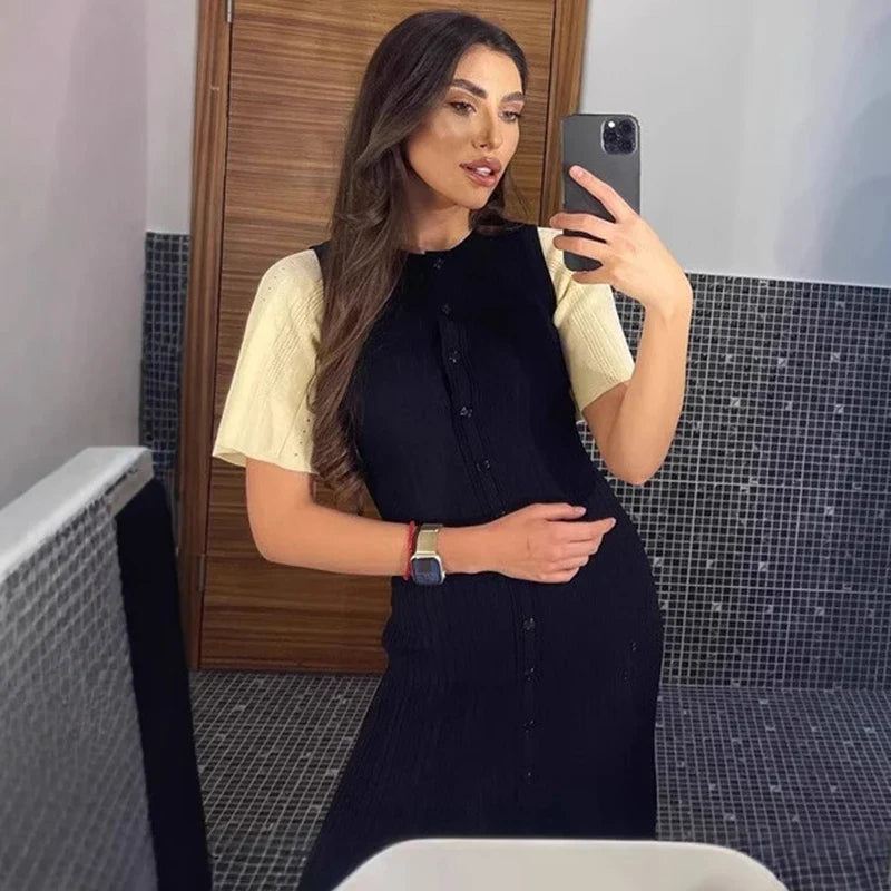 O-Neck Short Sleeve Single Breasted Slim Midi Dress