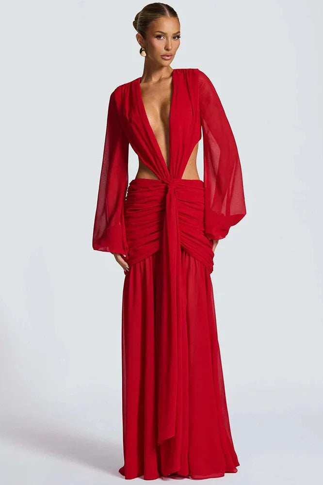 Hollow Out Printed Long Sleeve Backless Bodycon Maxi Dress