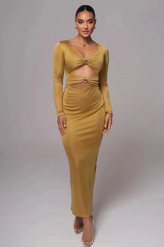 Long Sleeve V Neck Back Split Bodycon Maxi Dress