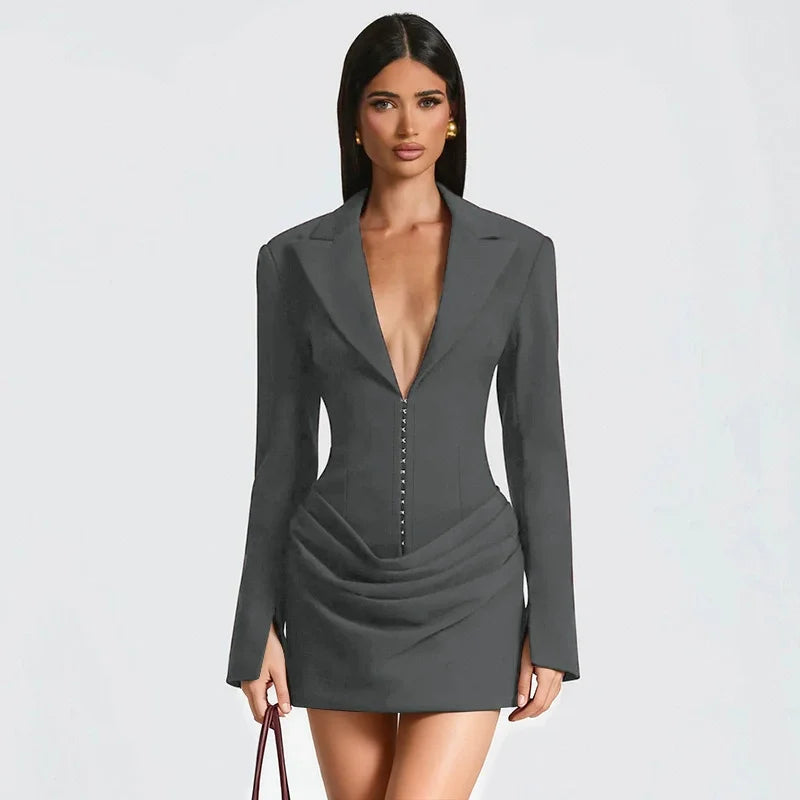 Deep V Neck Long Sleeve High Waist Mini Dress