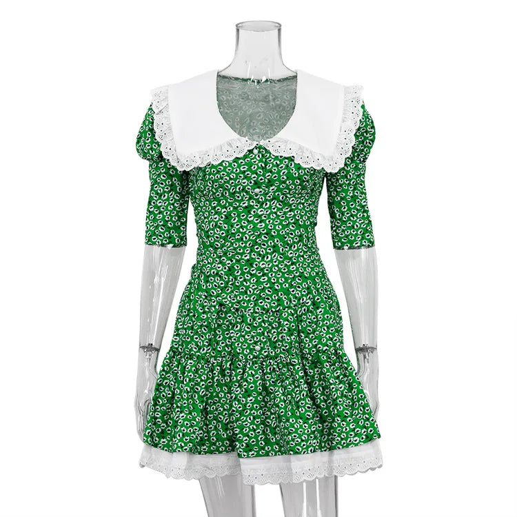Short Sleeve Lace High Waist Mini Dress