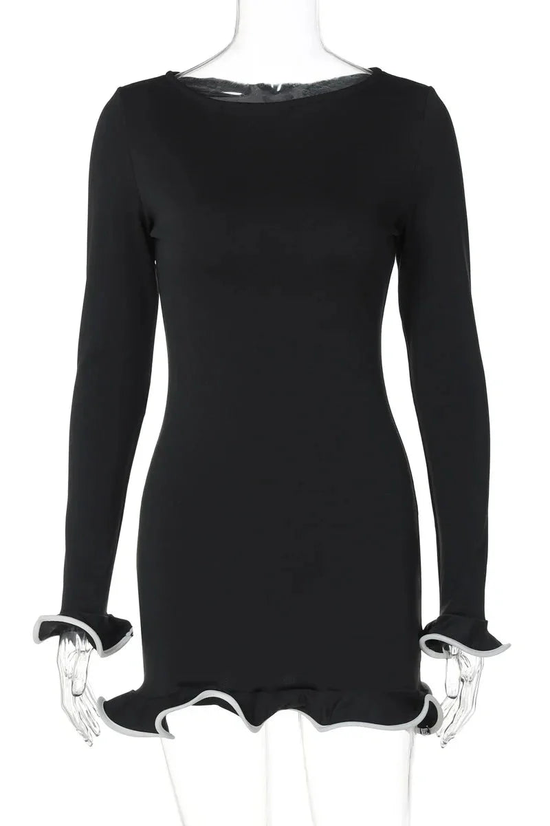Elegant Slim Fit Patchwork Long Sleeve Backless Midi Dress