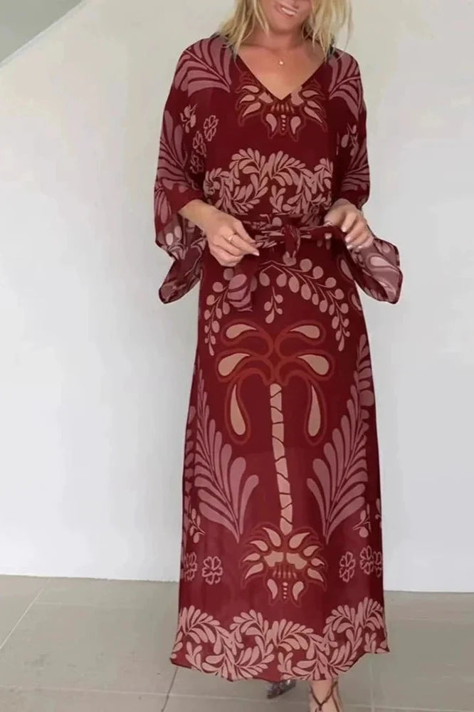 Long Sleeve Loose Pleated Lace Up Printed V-Neck Maxi Dress