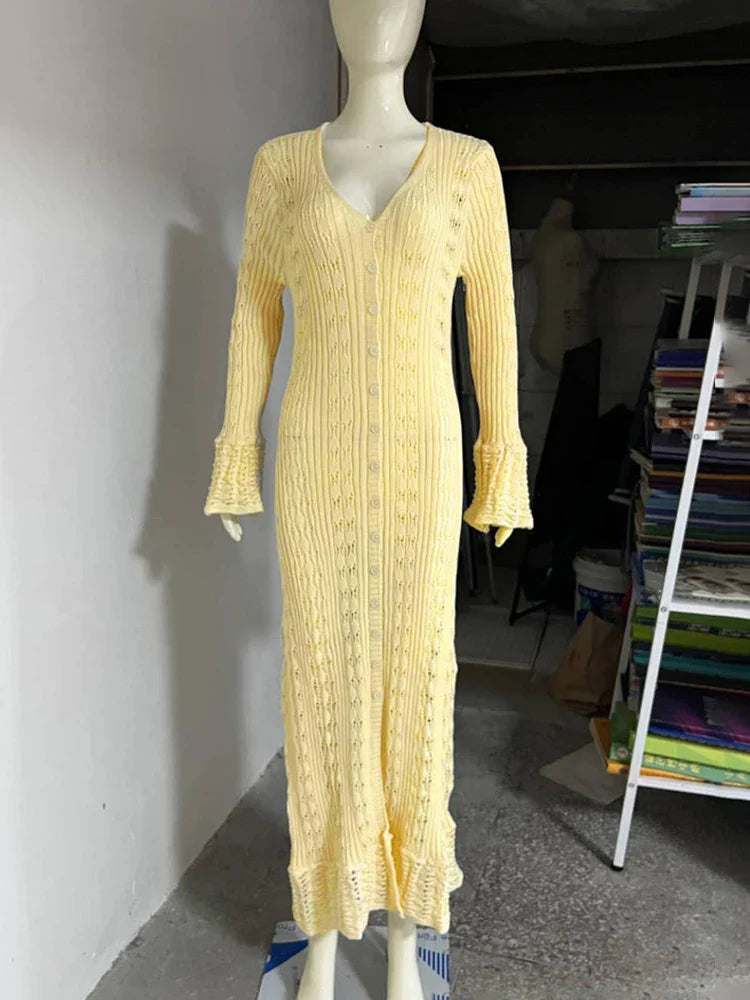 Hollow Knitted Long Sleeve Maxi Dress