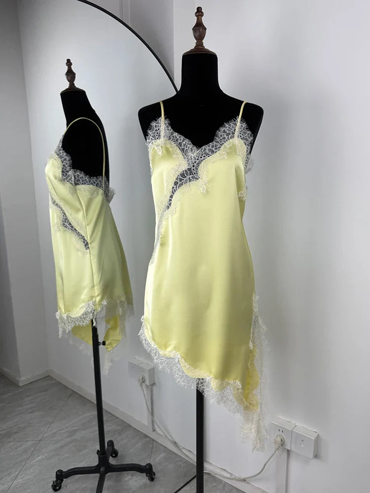 Lace Spaghetti Strap Slit Bodycon Mini Dress