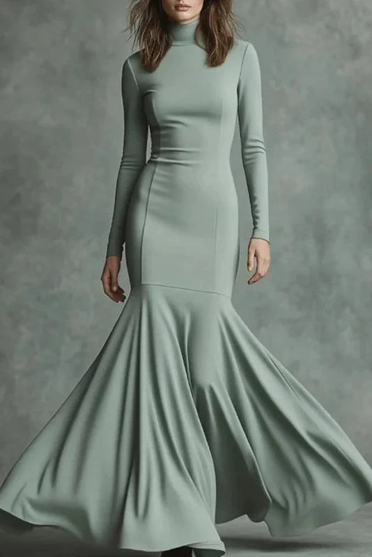 Elegant Slim High Waist Turtleneck Long Sleeve Maxi Dress