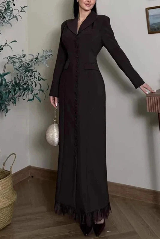 Long Sleeve Single Breasted V-Neck Lace Maxi Dress