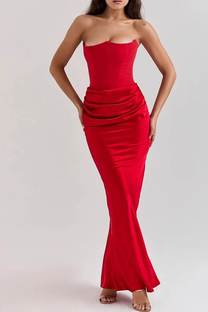 Hollow Out Off-Shoulder High Waist Pleated Maxi Dress