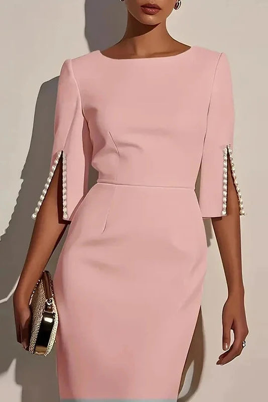 Elegant O Neck Split Half Sleeve Slim Midi Dress