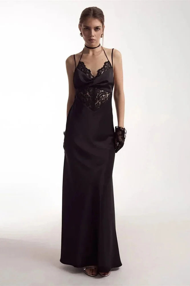 Hollow Out Lace Backless Slim V-Neck Maxi Dress