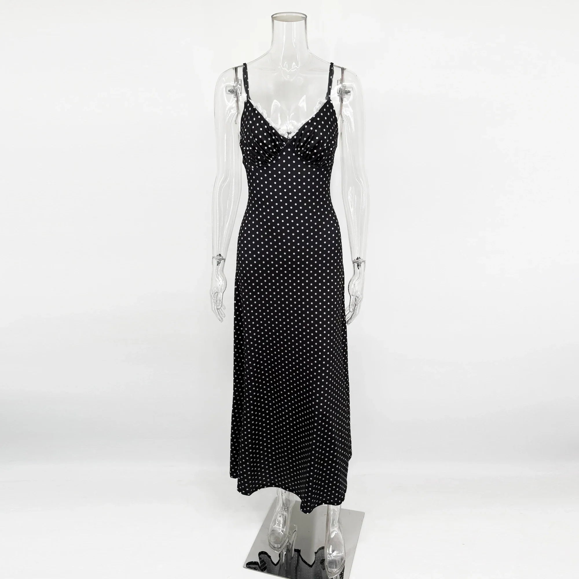 Polka Dot Deep V Neck Lace Slim Maxi Dress