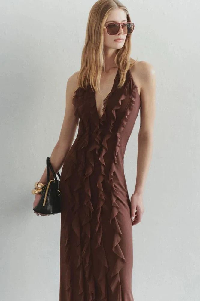 Off-Shoulder V Neck Sleeveless Backless Bodycon Maxi Dress