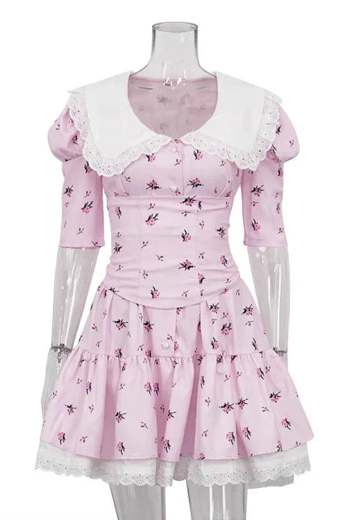 Elegant Lace-Up Slim Lace Short Sleeve Mini Dress