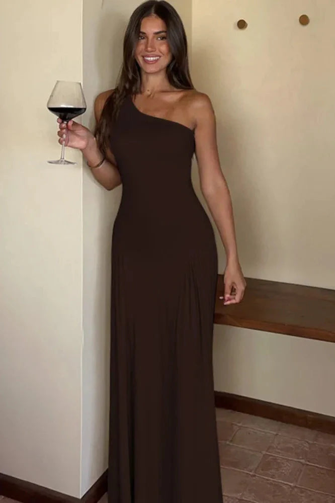 Inclined Shoulder Backless Sleeveless Pleated Maxi Dress