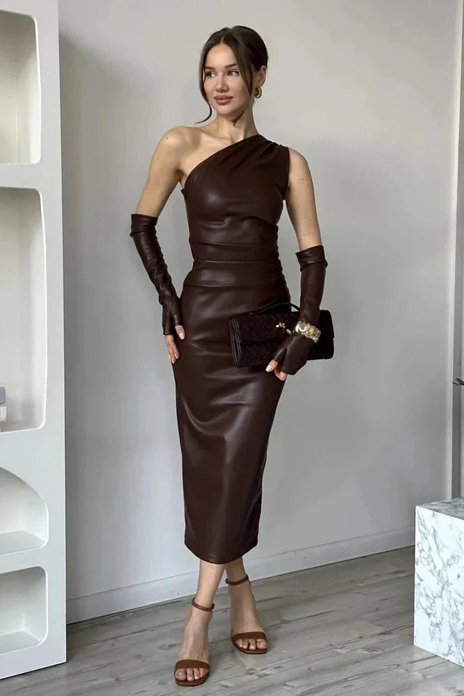 Elegant PU Leather Slim Backless Irregular Midi Dress
