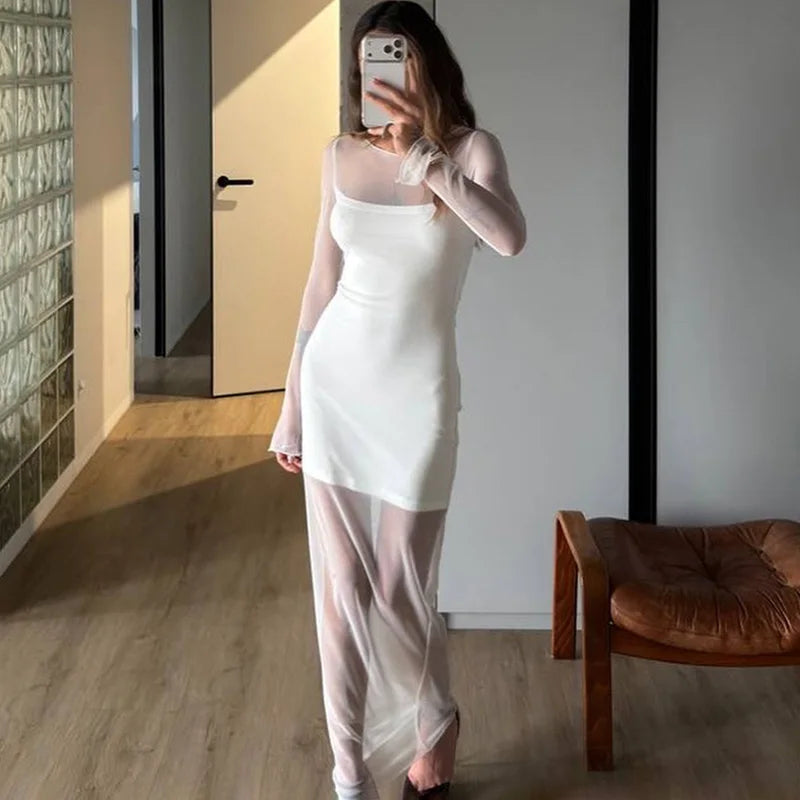 Elegant See Through Patchwork High Waist Maxi Dress