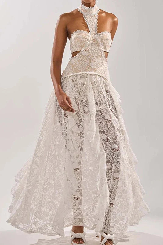 Lace Hollow Out Sleeveless High Waist Pleated Maxi Dress