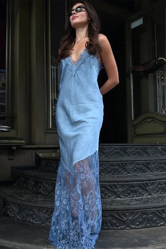 V-Neck Lace Patchwork Sleeveless Printed Slim Maxi Dress