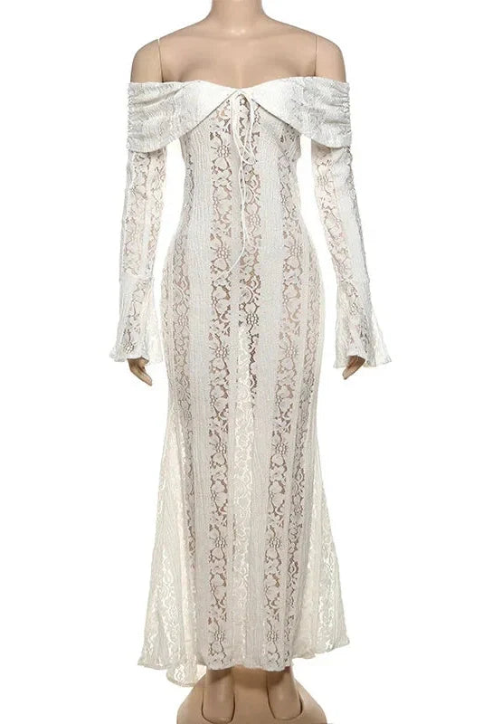 Lace Hollow Out Slim Off-Shoulder Long Sleeve Bodycon Mini Dress