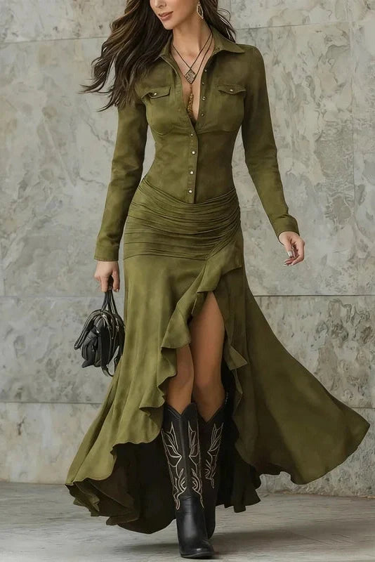 Pleated Split Printed Slim Bodycon High Waist Maxi Dress