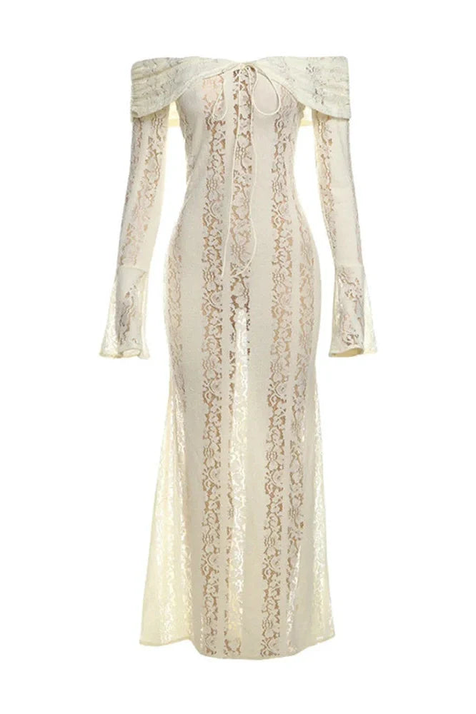 Off-Shoulder See-Through Printed Lace-Up High Waist Maxi Dress