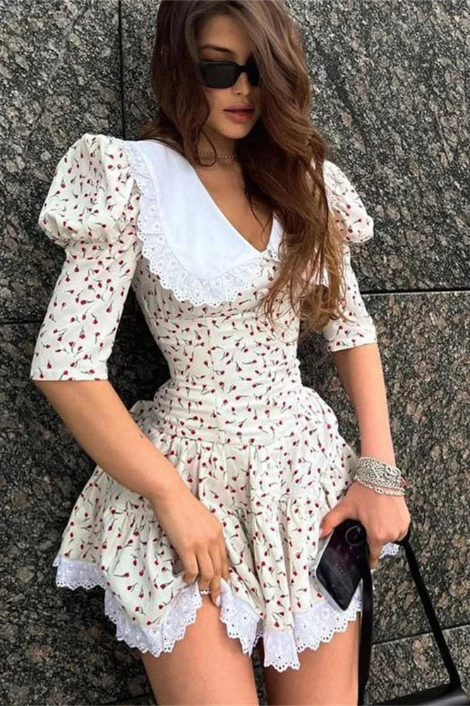 Printed Patchwork V-Neck Short Sleeve Slim Mini Dress