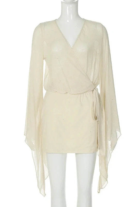 Elegant V-Neck Long-Sleeved Lace-Up Backless Mini Dress