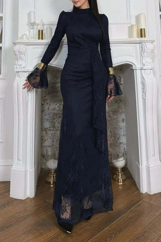 O-Neck Lace High Waist Long Sleeve Pleated Maxi Dress