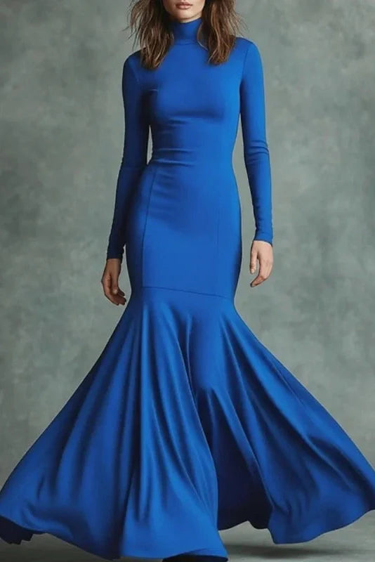 Elegant Slim High Waist Turtleneck Long Sleeve Maxi Dress