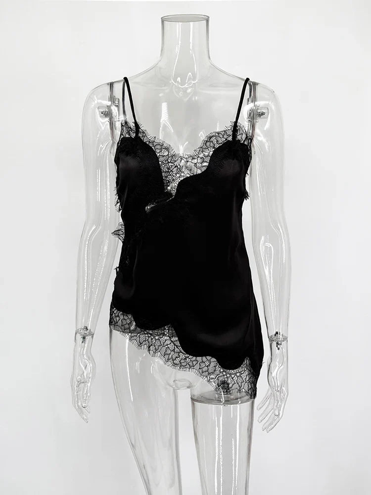 Lace Spaghetti Strap Slit Bodycon Mini Dress