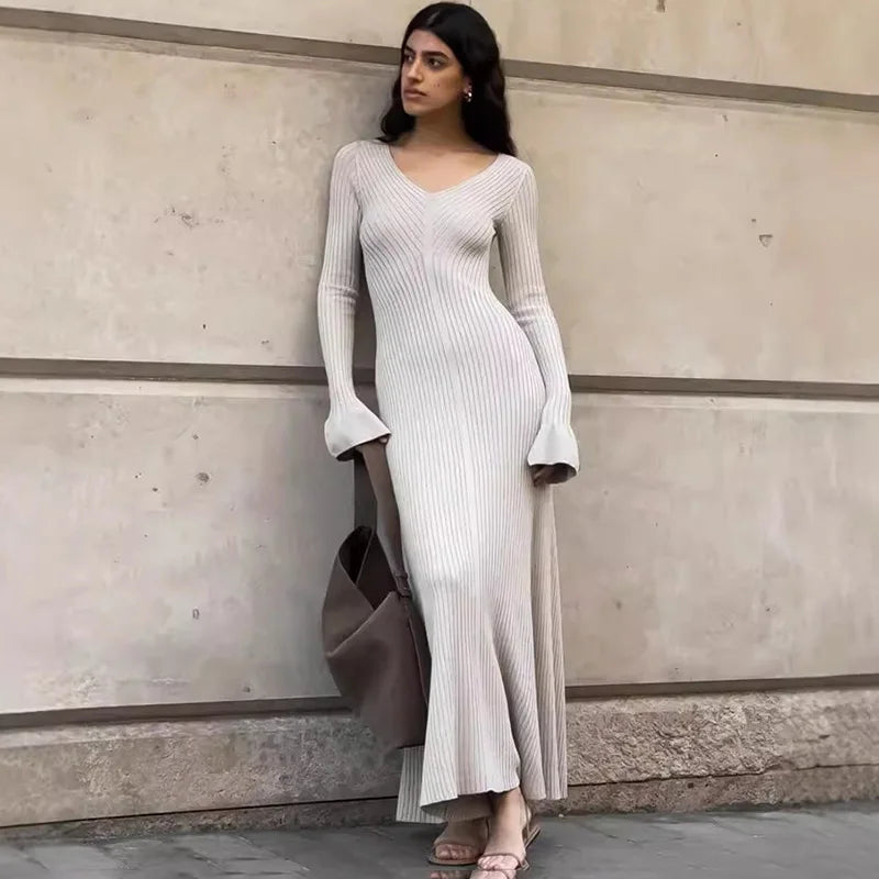V-Neck High Waisted Long Sleeve Maxi Dress