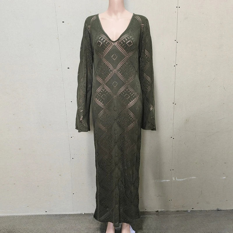Elegant V-Neck Hollow Out See Through Maxi Dress