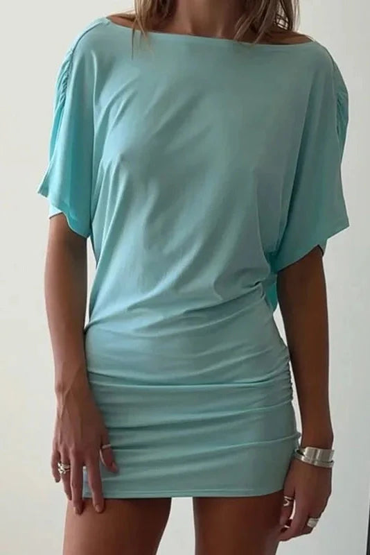 V-Neck Loose Short Sleeve Pleated Mini Dress