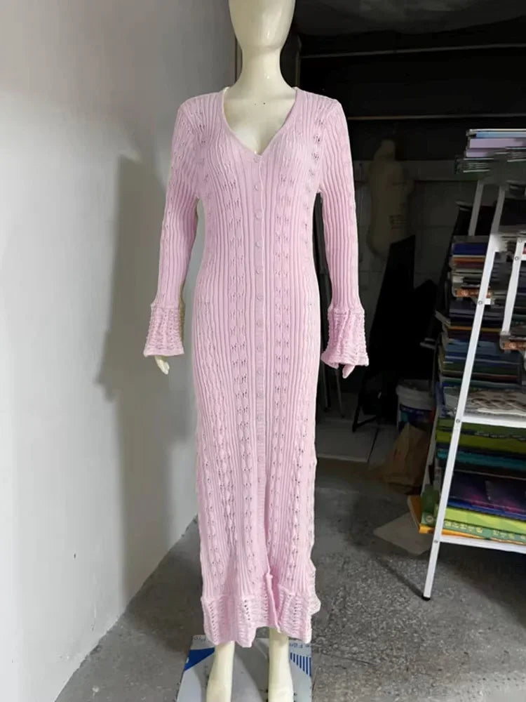Hollow Knitted Long Sleeve Maxi Dress