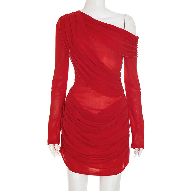 One Shoulder Long Sleeve Slim  Mini Dress