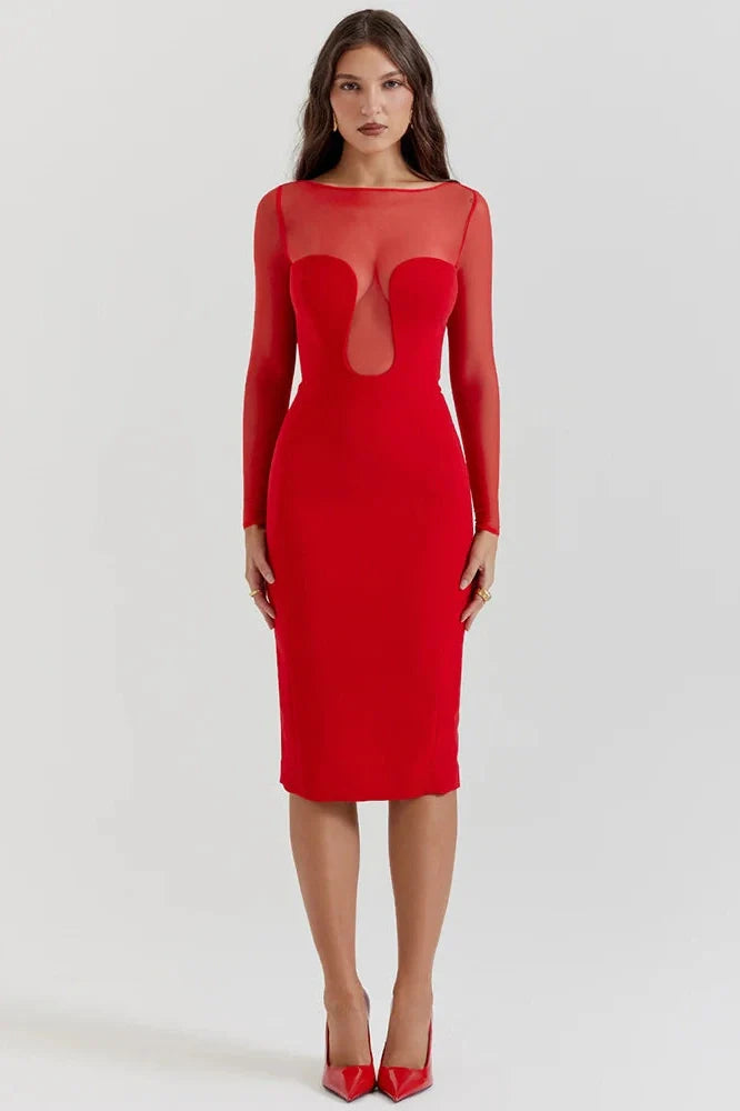 Elegant Long Sleeve Strapless Backless Split Bodycon Midi Dress