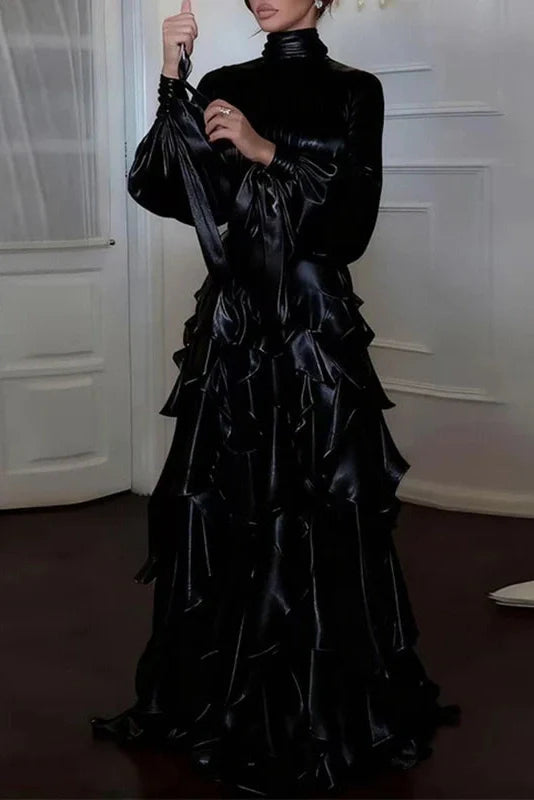 Elegant Pleated High Collar Long Sleeve High Waist Maxi Dress