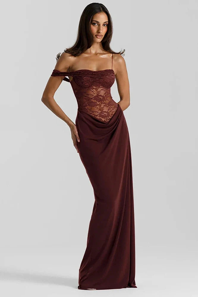 Off-Shoulder Lace See Through Sleeveless Backless Maxi Dress