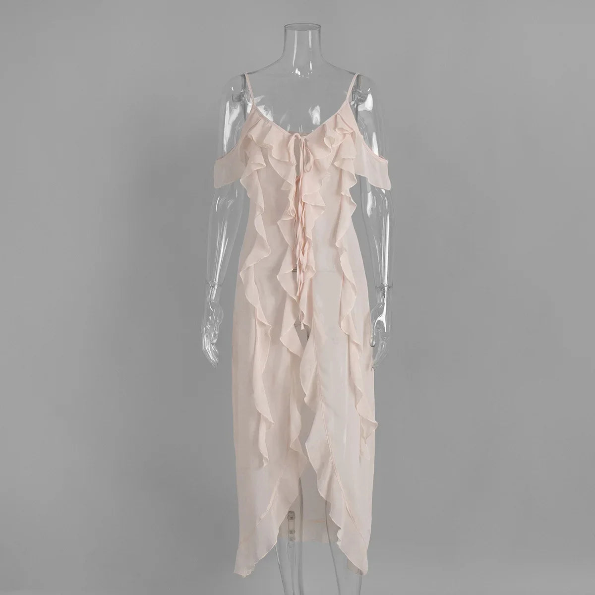V Neck See-Through Sleeveless Irregular Midi Dress
